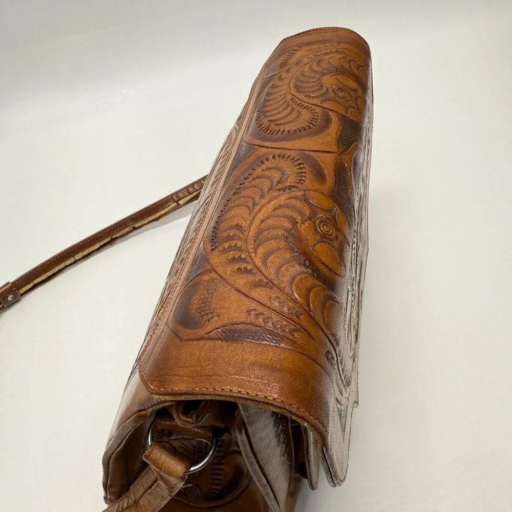 Vintage Hand Tooled Leather Shoulder Bag Made In Mexico Rose Flower - Picture 7 of 16